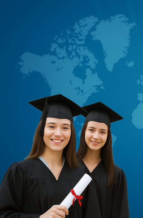 Three diverse students in graduation gowns holding diplomas in front of a blue world map background, symbolizing global education and international recognition