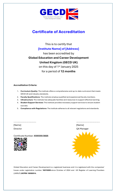 Home sample certificate issued by GECD UK for training Centres